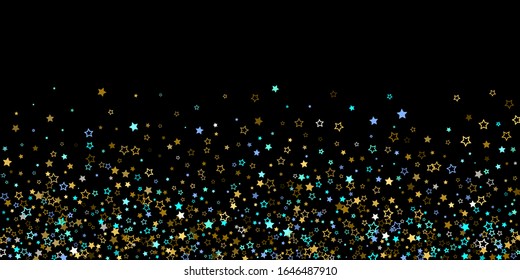 Fondo de estrella horizontal. Oro, estrellas azules, confeti brillante.
 Pequeña estrella reluciente y brillante dispersa. Estelar al azar cayendo sobre fondo negro. Antecedentes de Navidad de Año Nuevo. Ilustración vectorial.