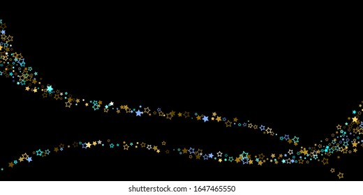 Fondo de estrella horizontal. Oro, estrellas azules, confeti brillante.
 Pequeña estrella reluciente y brillante dispersa. Estelar al azar cayendo sobre fondo negro. Antecedentes de Navidad de Año Nuevo. Ilustración vectorial.