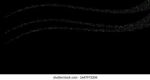 Horizontaler Star-Hintergrund. Gold, Blaue Sterne, glänzende Konfetti.
 Geschirmter kleiner funkelnder, glänzender Stern. Zufallsstellar fällt auf schwarzem Hintergrund. Weihnachten im Neujahr. Vektorillustration.