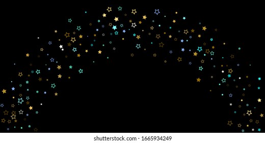 Horizontaler Star-Hintergrund. Gold, Blaue Sterne, glänzende Konfetti.
 Geschirmter kleiner funkelnder, glänzender Stern. Zufallsstellar fällt auf schwarzem Hintergrund. Weihnachten im Neujahr. Vektorillustration.
