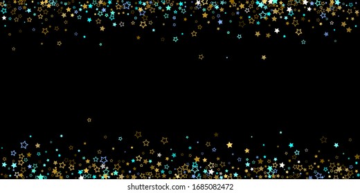 Horizontal Star Background. Gold, Blue stars, shiny confetti.
 Scattered little sparkling, glitter star. Random stellar falling on black background. New Year Christmas background. Vector illustration.