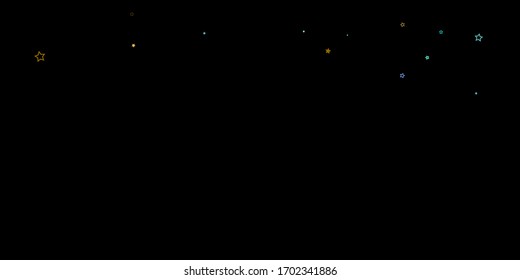Horizontal Star Background. Gold, Blue stars, shiny confetti.
 Scattered little sparkling, glitter star. Random stellar falling on black background. New Year Christmas background. Vector illustration.