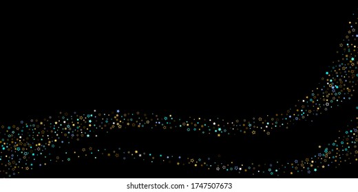 Horizontal Star Background. Gold, Blue stars, shiny confetti.
 Scattered little sparkling, glitter star. Random stellar falling on black background. New Year Christmas background. Vector illustration.
