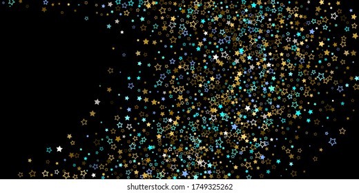 Horizontal Star Background. Gold, Blue stars, shiny confetti.
 Scattered little sparkling, glitter star. Random stellar falling on black background. New Year Christmas background. Vector illustration.
