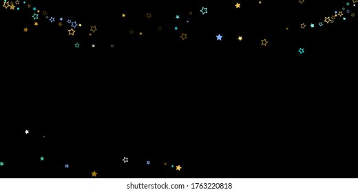 Horizontal Star Background. Gold, Blue stars, shiny confetti.
 Scattered little sparkling, glitter star. Random stellar falling on black background. New Year Christmas background. Vector illustration.