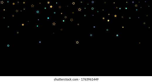 Horizontal Star Background. Gold, Blue stars, shiny confetti.
 Scattered little sparkling, glitter star. Random stellar falling on black background. New Year Christmas background. Vector illustration.