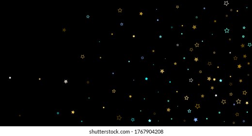 Fondo de estrella horizontal. Oro, estrellas azules, confeti brillante.
 Pequeña estrella dispersa y brillante. Estelar al azar cayendo sobre fondo negro. Antecedentes de Navidad de Año Nuevo. Ilustración vectorial.