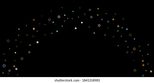 Fondo de estrella horizontal. Oro, estrellas azules, confeti brillante.
 Pequeña estrella dispersa y brillante. Estelar al azar cayendo sobre fondo negro. Antecedentes de Navidad de Año Nuevo. Ilustración vectorial.