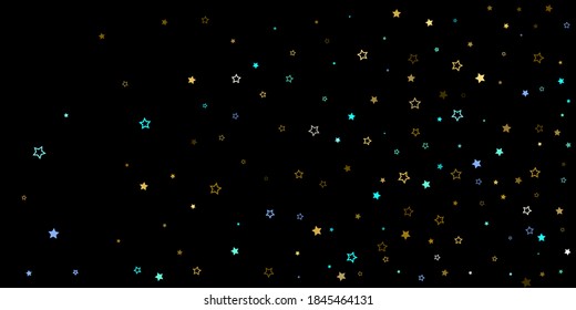Horizontal Star Background. Gold, Blue stars, shiny confetti.
 Scattered little sparkling, glitter star. Random stellar falling on black background. New Year Christmas background. Vector illustration.