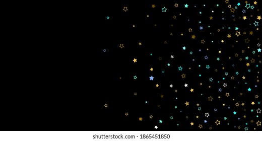 Horizontal Star Background. Gold, Blue stars, shiny confetti.
 Scattered little sparkling, glitter star. Random stellar falling on black background. New Year Christmas background. Vector illustration.