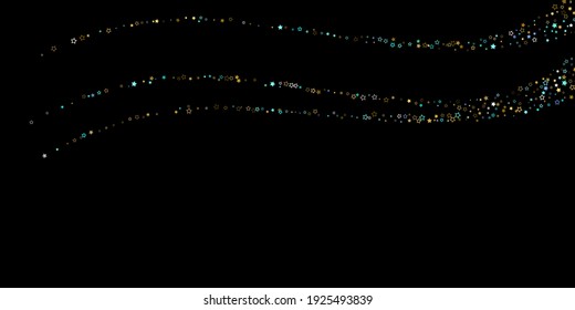 Fondo de estrella horizontal. Oro, estrellas azules, confeti brillante.
 Pequeña estrella dispersa y brillante. Estelar al azar cayendo sobre fondo negro. Antecedentes de Navidad de Año Nuevo. Ilustración vectorial.