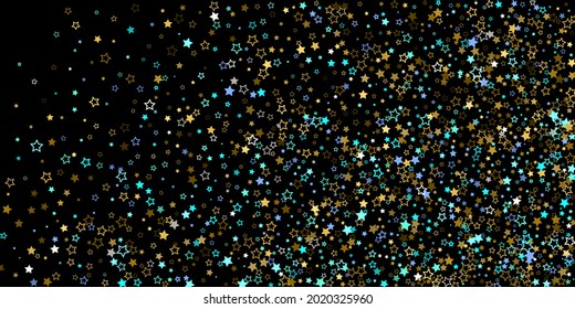 Horizontal Star Background. Gold, Blue stars, shiny confetti.
 Scattered little sparkling, glitter star. Random stellar falling on black background. New Year Christmas background. Vector illustration.