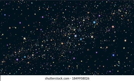 Horizontal starry night sky background. Shining bright colorful stars. Space and constellations. Vector illustration.