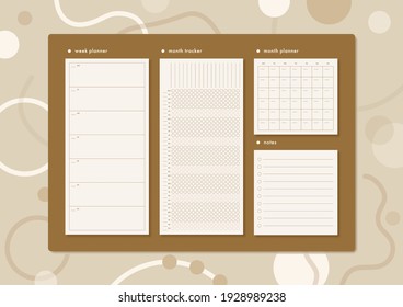 Horizontal stationery board with weekly and moth planner, habit tracker and notes. Simle minimalistic template design. Vector illustration. Planner on trendy geometric background