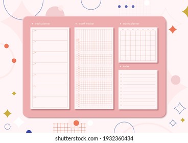 Horizontal stationery board with weekly and moth planner, habit tracker and notes. Calendar template. Cute pink minimalistic planner diary vector design. 