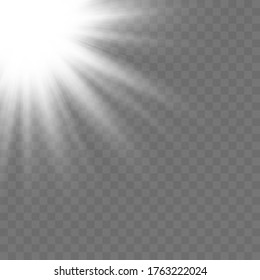 Horizontal stellar rays and searchlight. Sunshine. Realistic white glowing light explodes on a transparent background. Blur in the light of radiance. Vector illustration for banners, posters and cards