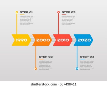 Horizontal Steps timeline infographics arrows with rounded corners- can illustrate a strategy, workflow or team work, vector flat color
