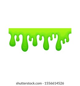 The horizontal sticky slime which is flowing down green drops. Liquid dripping green slime background for radioactive zombie concept. Isolated vector illustration.