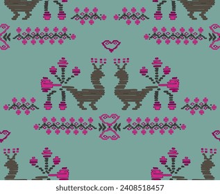 Horizontal stitched embroidered seamless pattern based on Ukrainian traditional folk embroidery. Two birds facing each other represent love. Quite abstract