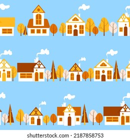 Horizontal streets with cartoon style houses. Autumn cityscape, golden trees, blue sky. For nursery, wallpaper, fabric printing, wrapping, background.