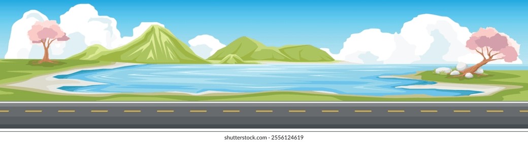 Horizontal stretch of asphalt road with yellow line for banner. Traffic on the beach road. Background Cherry blossom trees and sea beach. Island far away under blue sky and white clouds.