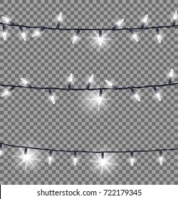 Horizontal strings of fairy lights with black wire. Vector illustration of glowing Christmas decoration on seamless black-and-grey square pattern