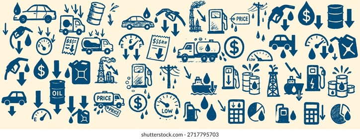 Una tira Horizontal de iconos de gasolina dibujados a mano muestra automóviles, gasolineras, barriles de petróleo, flechas de Precio y medidores, ilustrando la disminución de los Precios de gasolina para infografías, Anuncios de Web y diseños editoriales, dinámicos.