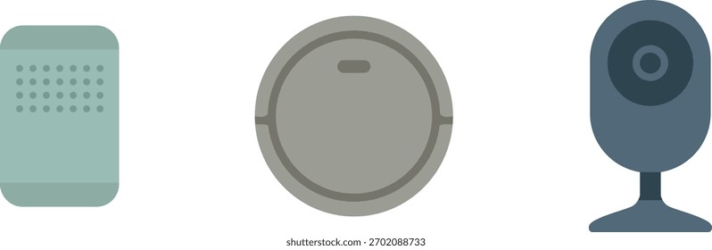 Uma faixa horizontal mostrando dispositivos domésticos inteligentes compactos, incluindo uma telha de sensor de parede, um disco detector redondo e uma pequena câmera de segurança em um suporte