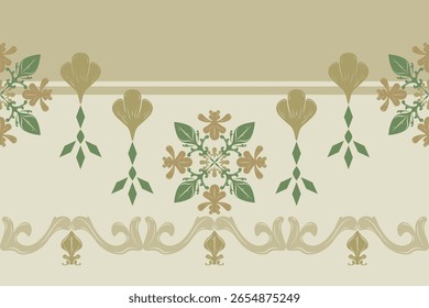 Horizontal stripe with dainty botanical elements and golden base and green. Use in label packaging, planner kits, wedding design, printable with a soft vintage aesthetic. Luxury mood and tone decorate