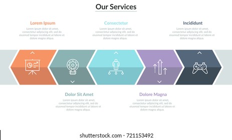 Horizontal stripe divided into 5 colored arrow-like sectors with thin line icons inside. Company services representation. Simple infographic design template. Vector illustration for corporate website.