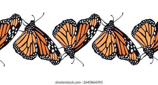 Padrão de faixa horizontal com borboletas monarcas laranja desenhadas à mão. Fronteira sem costura de belo inseto tropical. Ilustração vetorial sobre fundo branco