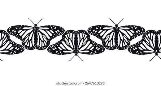 Padrão de faixa horizontal com borboletas monarcas preto e branco desenhadas à mão. Borda sem costura de inseto tropical monocromático. Ilustração vetorial sobre fundo branco