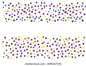 horizontal stripe of purple, green and yellow dots for a Mardi gras banner. confetti frame of many round bright dots on a white background with an empty stripe inside for text