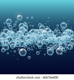 Horizontal Stripe Of Realistic Water Bubbles. Shampoo Or Soup Foam Line. Template For Web Site Background, Flyer, Banner. Good For Greeting Card And Party Invitation. Aqua Park, Swimming Pool, Diving.