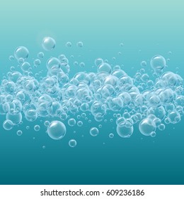 Horizontal Stripe Of Realistic Water Bubbles. Shampoo Or Soup Foam Line. Template For Web Site Background, Flyer, Banner. Good For Greeting Card And Party Invitation. Aqua Park, Swimming Pool, Diving.