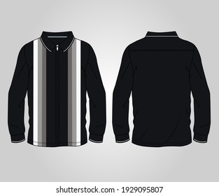 Horizontal stripe with Zipper Black color long sleeve polo shirt vector illustration Template front and back view.