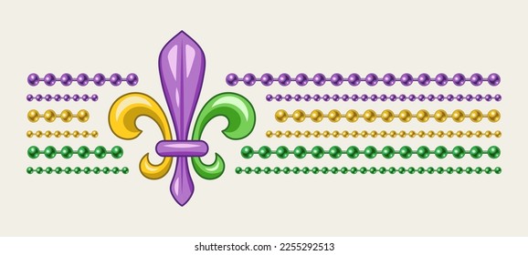 Horizontal striped Mardi Gras label with fluer de lis symbol, string of beads. For prints, clothing, t shirt, surface design. Vintage style