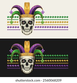 Horizontal striped Mardi Gras label with human skull in jester harlequin hat, fleur de lis symbol, strings of beads. For prints, clothing, t shirt design. Vintage style