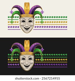 Horizontal striped Mardi Gras label with theatrical comedy face mask in jester harlequin hat, fleur de lis symbol, strings of beads. For prints, clothing, t shirt design. Vintage style