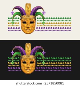 Horizontal striped Mardi Gras label with carnival golden venetian face mask in jester harlequin hat, fleur de lis symbol, strings of beads. For prints, clothing, t shirt design. Vintage style