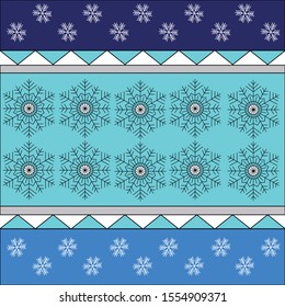 Horizontal striped pattern of blue and light blue with large snowflakes and white triangles
