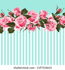 Horizontal striped pattern with pink rose, peony, leaves and bud. Cute wedding floral vector design frame. Banner stripe element. Light tender mint background.