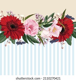 Horizontal striped pattern with red gerbera and pink eustoma, leaves, bud and herbs. Cute wedding floral vector design frame. Banner stripe element. Light tender background.
