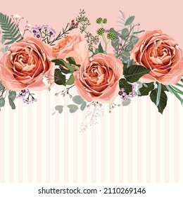 Patrón de rayas horizontales con rosas, hojas, brotes y hierbas cremosas blancas. Marco de diseño de vector floral de boda. Elemento de banda de pancarta. Fondo tierno claro.