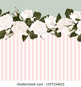 Horizontal striped pattern with white rose, peony, leaves and bud. Cute wedding floral vector design frame. Banner stripe element. Light tender background.