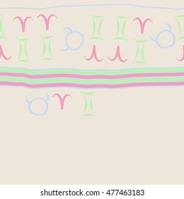 Horizontal striped  pattern of zodiac signs, seamless. Hand drawn.