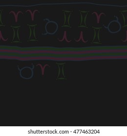 Horizontal striped  pattern of zodiac signs, seamless. Hand drawn.
