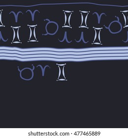Horizontal striped  pattern of zodiac signs, seamless. Hand drawn.
