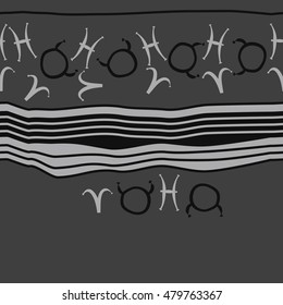 Horizontal striped  pattern with zodiac signs, seamless. Hand drawn.