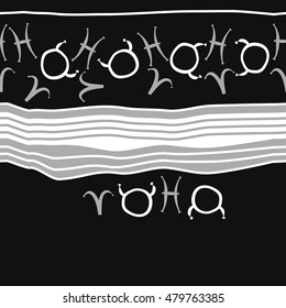 Horizontal striped  pattern with zodiac signs, seamless. Hand drawn.